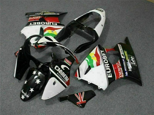 Carénages Moto Kawasaki ZX6R 2000-2002 - Blanc Rouge Jaune Vert Noir Brillant Étoile EuroBet