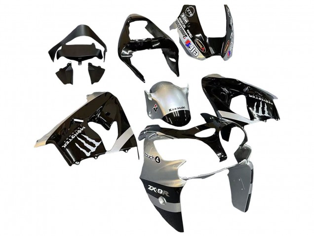 Carénages Moto Kawasaki ZX9R 2002-2003 - Argent Noir Brillant Monstre Elf