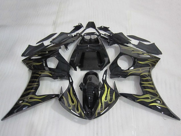 Carénages Moto Yamaha YZF R6 2003-2004 - Noir Brillant Or Flamme