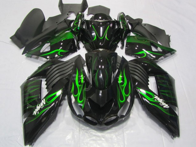 Carénages Moto Kawasaki ZX14R ZZR1400 2006-2011 - Noir Brillant Vert Flamme
