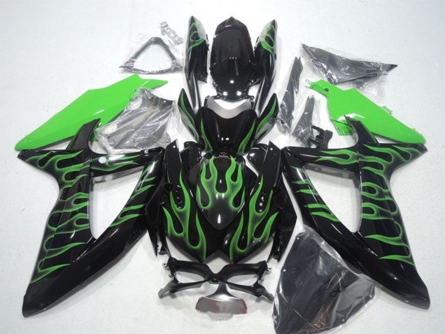 Carénages Moto Suzuki GSXR 600 2008-2010 - Noir Brillant Vert Flamme
